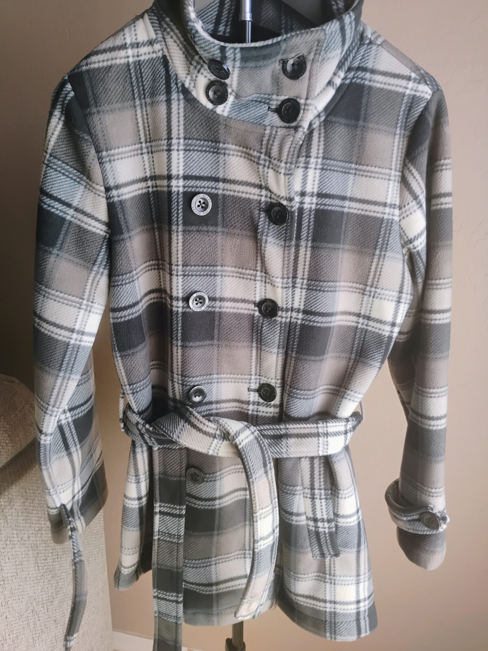 Ike Behar Size L Gray & White High Collar Plaid Belted Pea Coat